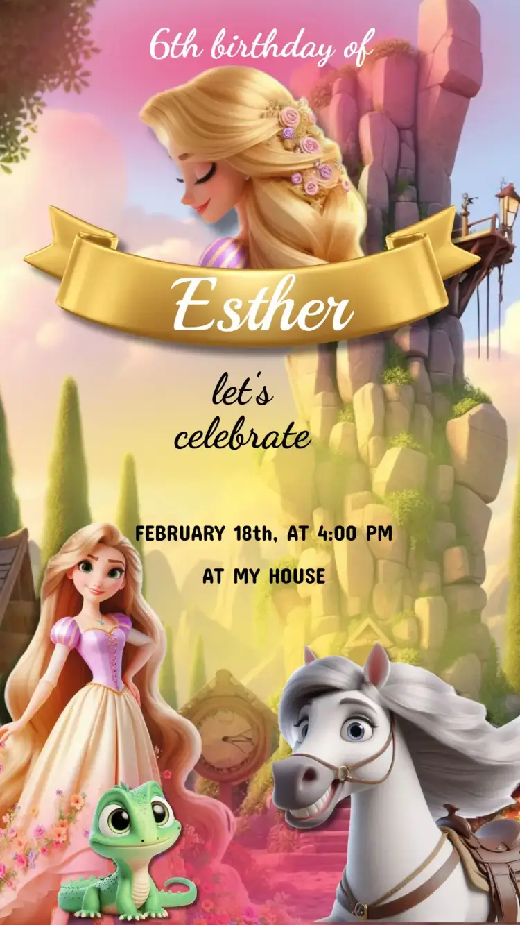 Invitation Rapunzel Tangled Kids Invitation - Editable and Personalized – Kids' Birthday Party theme fairytale style, pastel colors, floral elements, princess illustrations, cheerful design, enchanted details