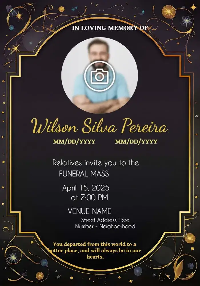 Invitation Funeral Mass With Black Photo – Commemorative Dates theme sober, elegant, minimalist, black, golden, respectful