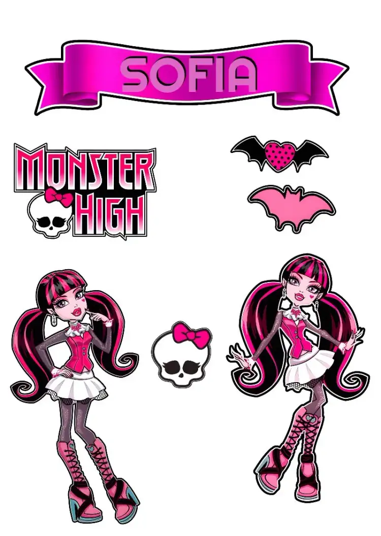 Invitation Top Cake Monster High Print – Cake topper theme purple and black, monster-themed, skulls, gothic style, children's parties, cartoon characters