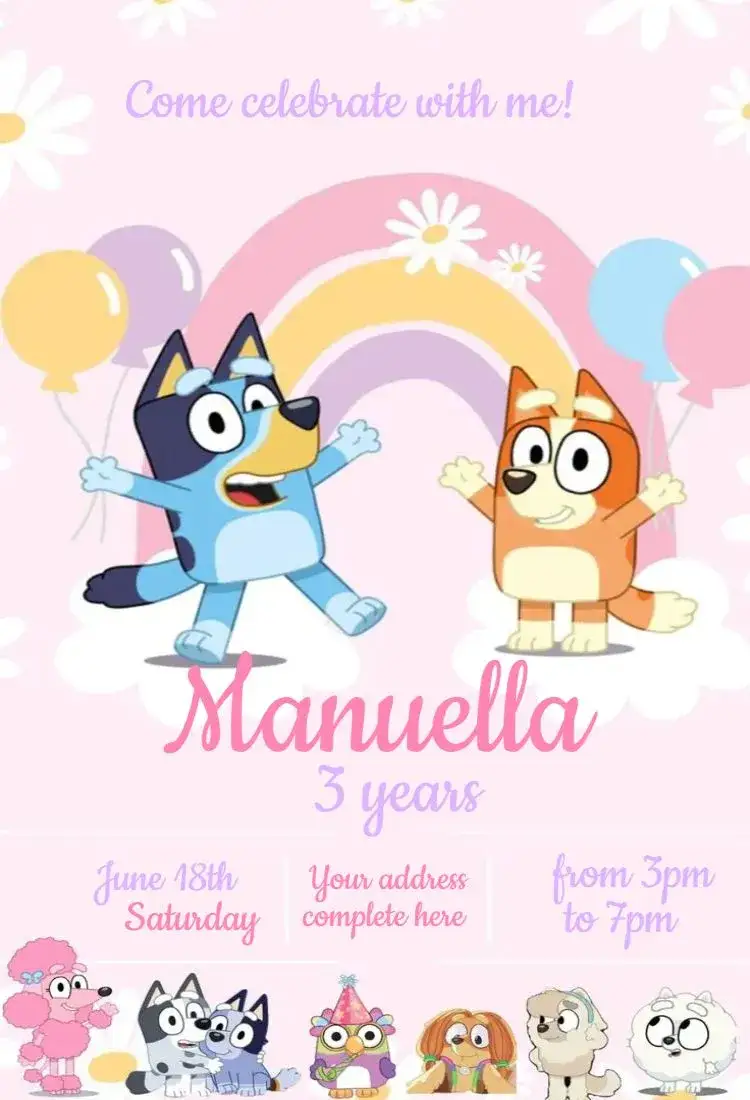 Invitation Bluey and Bingo Pink Girl – Kids' Birthday Party theme soft colors, playful illustrations, fun style, colorful graphic elements, children's theme