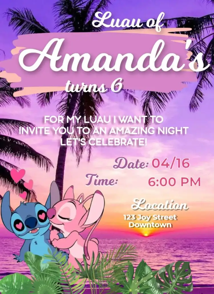 Invitation Lilo and Stitch Luau – Kids' Birthday Party theme tropical, beach, colorful, tropical, fun, childish