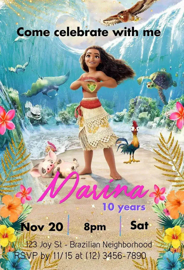 Invitation Moana – Kids' Birthday Party theme colorful, tropical, navy, adventurous, fantasy