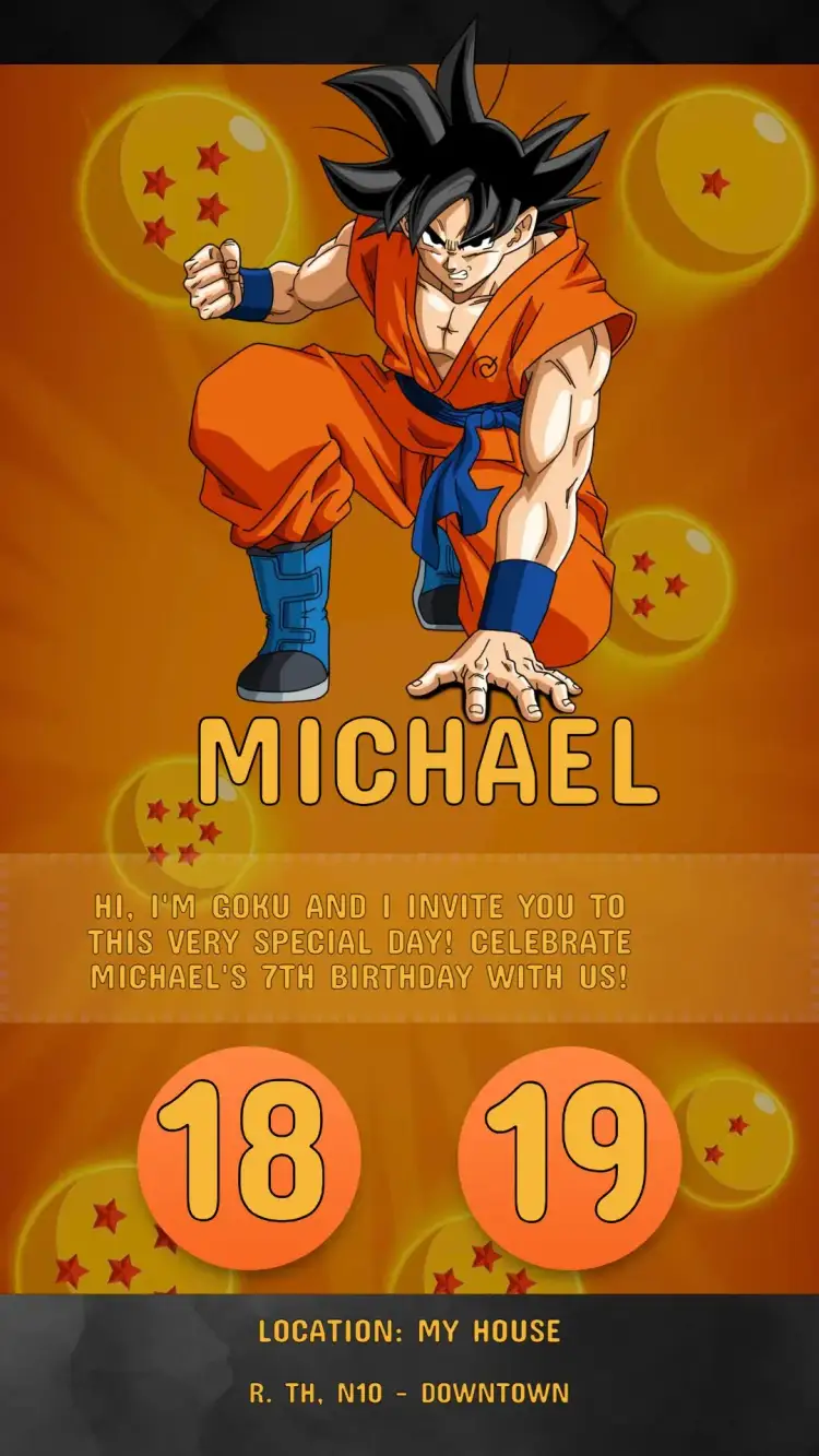 Invitation Editable and Personalized Dragon Ball Kids Digital Invitation – Kids' Birthday Party theme colorful, anime, adventure, lively, fun