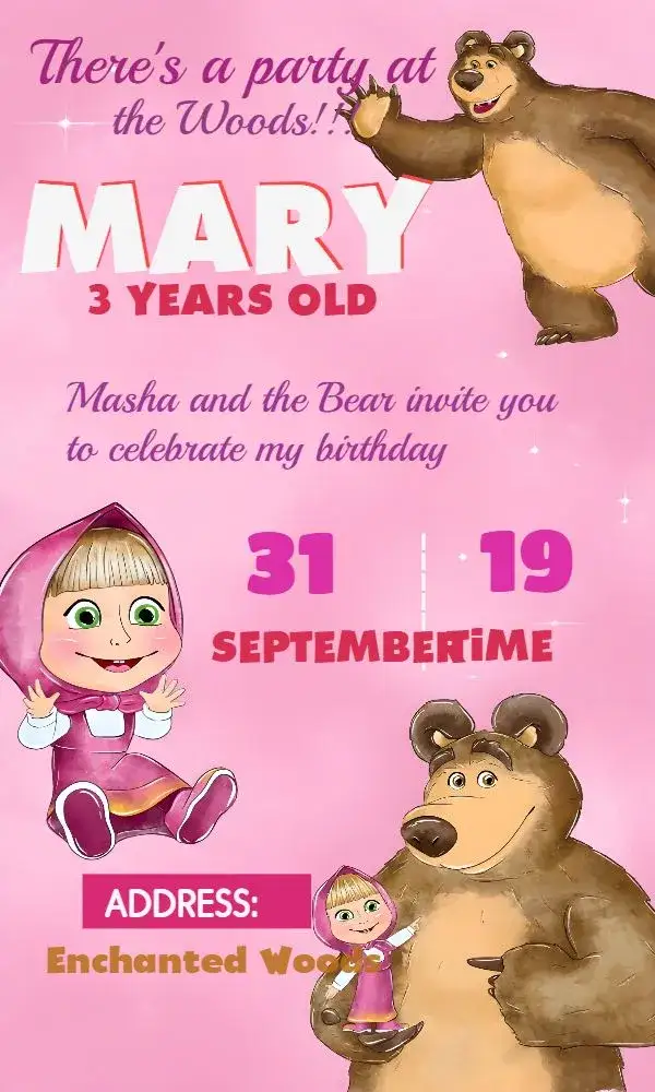 Invitation Masha And The Pink Bear – Most searched for theme vibrant colors, playful illustrations, childlike style, fun graphic elements, animation theme
