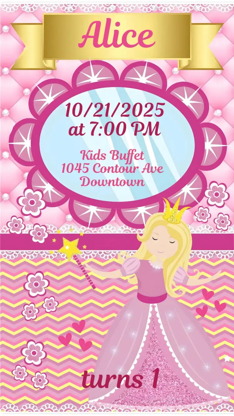 Invitation Princess – Kids' Birthday Party theme pink and gold, fantasy, fairies, fairy tales, playful illustrations, delicate style