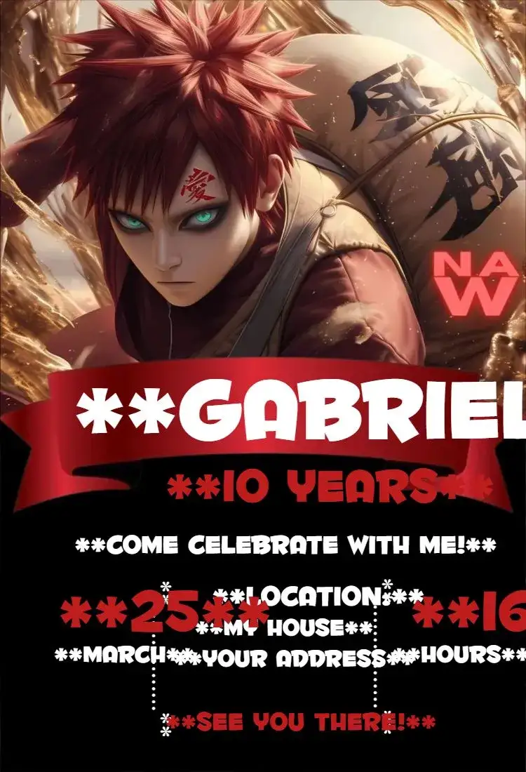 Invitation Gaara 1 – Kids' Birthday Party theme Naruto theme, vibrant colors, fun illustrations, modern style, anime graphic elements