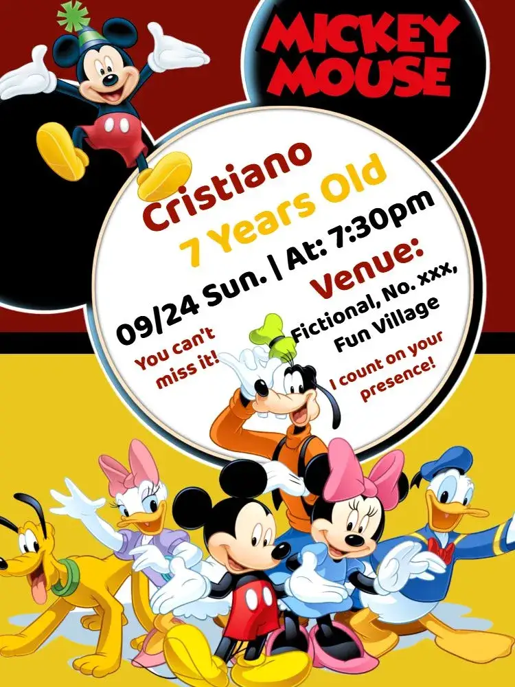 Invitation Red Mickey Mouse Gang – Kids' Birthday Party theme fun, colorful, childish, themed, vibrant, Disney
