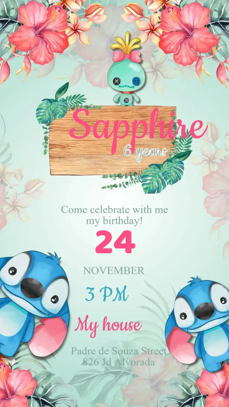 Invitation Stitch Birthday Invitation – Kids' Birthday Party theme tropical, hawaiian, colorful, fun-filled, watercolor, navy blue