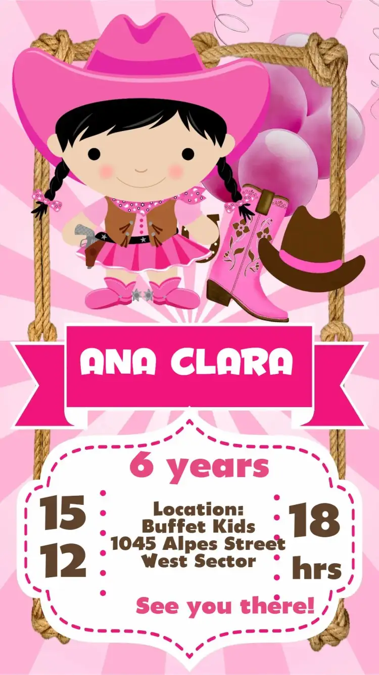 Invitation Rodeo Girl – Kids' Birthday Party theme pink, fun, colorful, playful, childlike, cheerful
