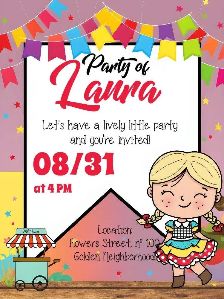 Invitation Arraiá Festa Junina São – Commemorative Dates theme vibrant, June-themed, colorful, themed, festive