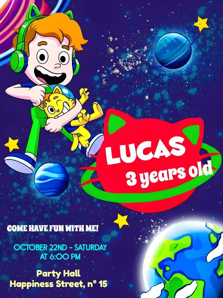 Invitation Galactic Cat Planet – Most searched for theme galactic, fun, childish, modern, colorful, fantasy