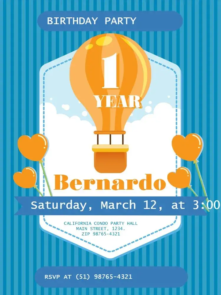Invitation 1 Year Blue Heart – Kids' Birthday Party theme playful, light blue, balloons, clouds, heart, childlike
