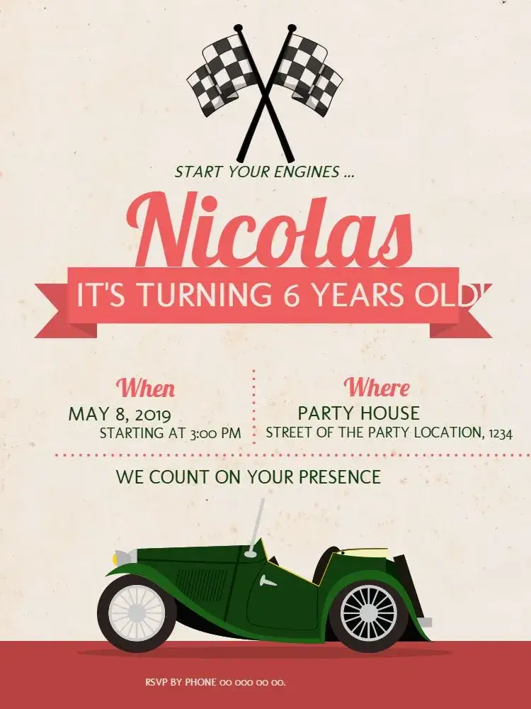 Invitation Vintage Cars Digital – Kids' Birthday Party theme vintage, colorful, fun, themed, childish, sporty