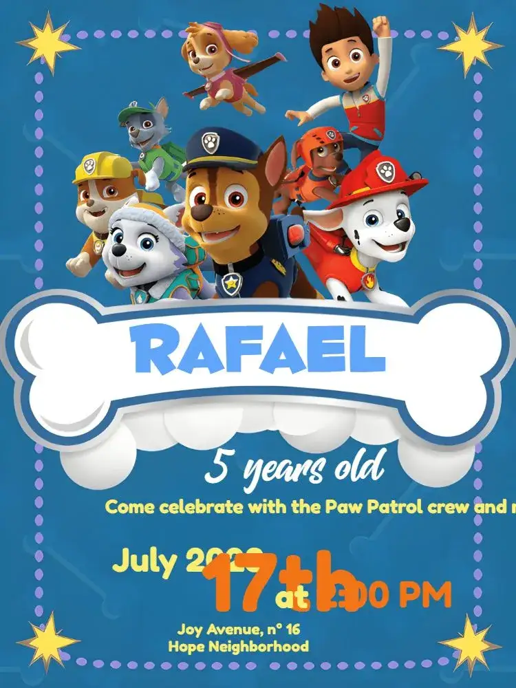 Invitation Paw Patrol Dog – Kids' Birthday Party theme vibrant, fun-filled, themed, colorful, child-friendly