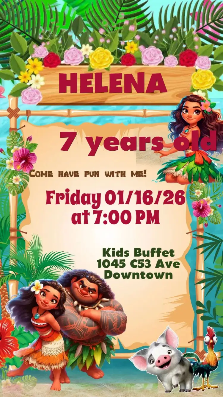 Invitation Moana – Kids' Birthday Party theme tropical, colorful, navy, adventure, fantasy, fun