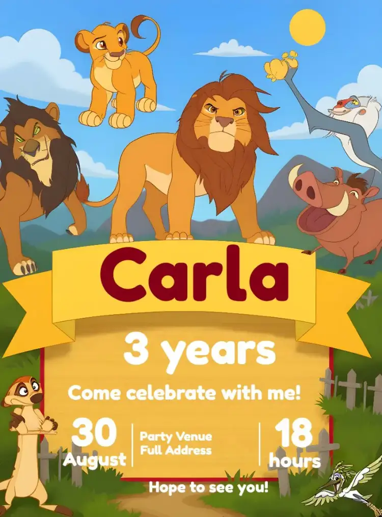 Invitation Simba Lion King – Kids' Birthday Party theme colorful, themed, fun, animals, tropical