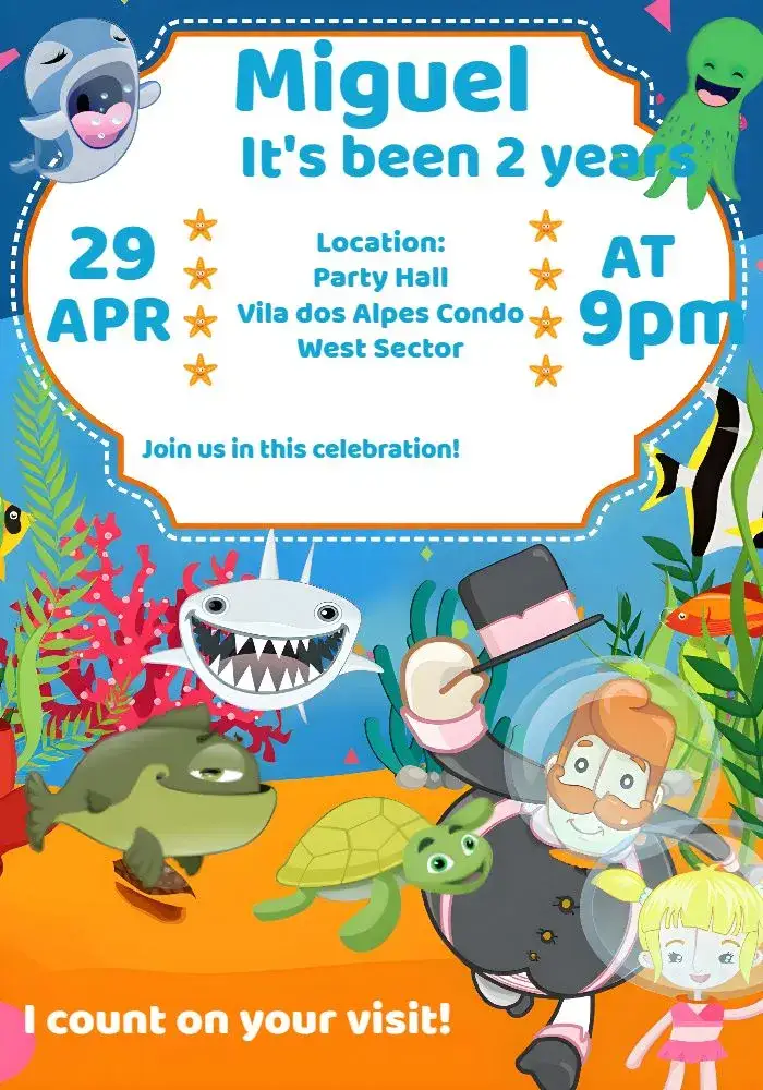 Invitation Mundo Bita Fundo Do Mar Colorido – Kids' Birthday Party theme colorful, navy, fun, playful, childlike, vibrant