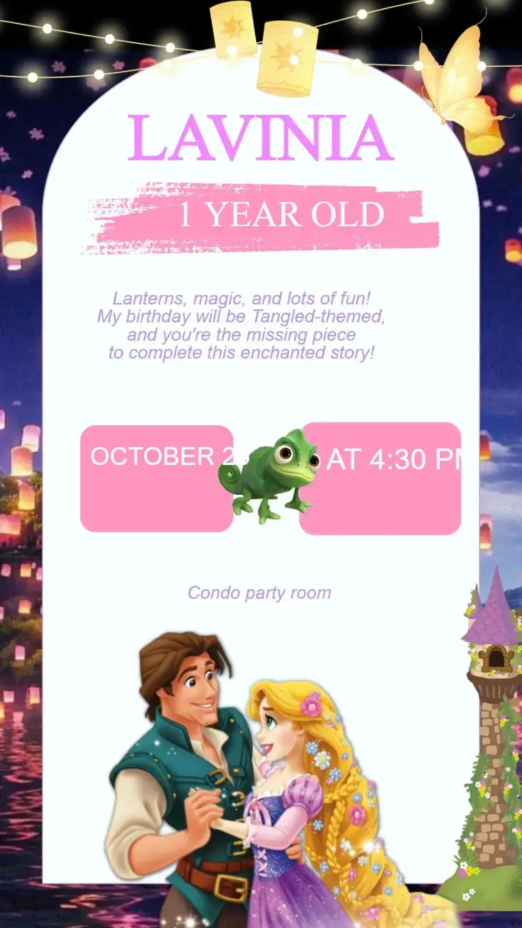 Invitation Rapunzel Baby Birthday Invitation – Kids' Birthday Party theme magical, lilac, golden, fairy tale, floral, colorful