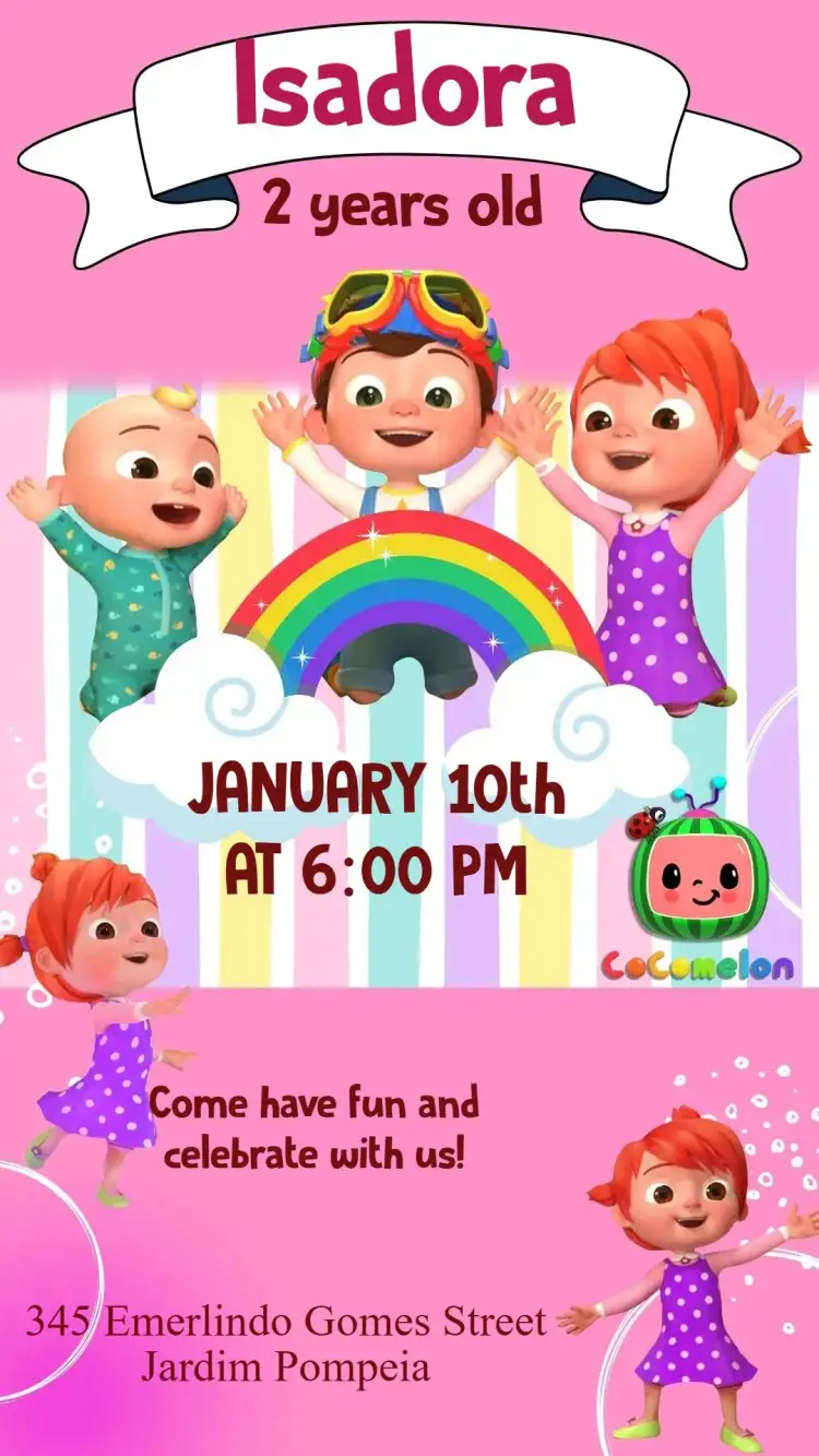Invitation Cocomelon Girl – Kids' Birthday Party theme colorful, fun, childish, modern, cheerful