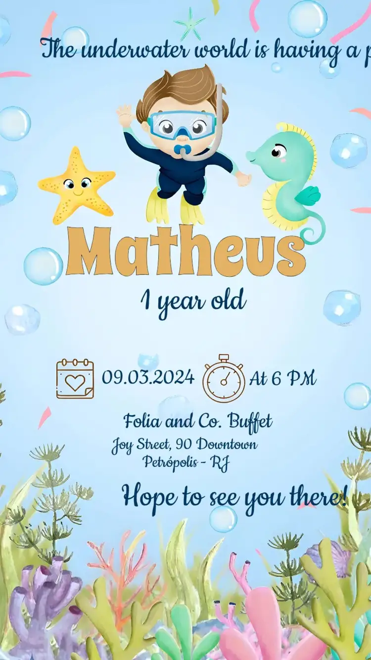 Invitation Underwater Watercolor – Kids' Birthday Party theme watercolor, navy blue, colorful, childish, playful, themed