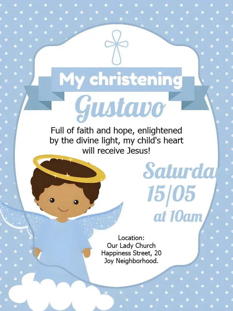 Invitation Baby Boy Angel Baptism – Baptism theme blue, white, gold, yellow, angels, delicate design