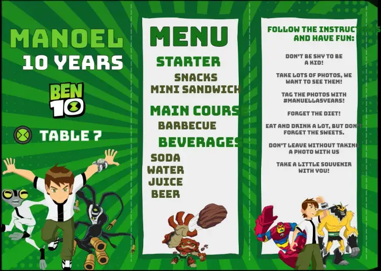 Invitation Menu Triangle Ben 10 Triangle – Kids' Birthday Party theme green, adventure, fun, themed, dynamic