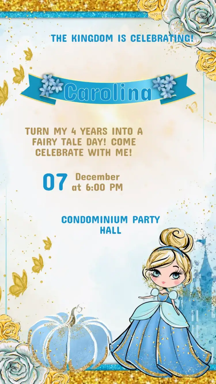 Invitation Cinderella Children's Birthday Invitation – Kids' Birthday Party theme magical, colorful, princess, fairy tale, sparkle, enchanted