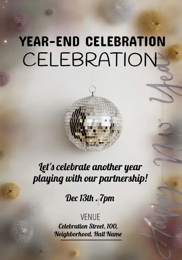 Invitation Golden End of Year Gathering – Commemorative Dates theme golden, silver, festive, elegant, modern, sparkling