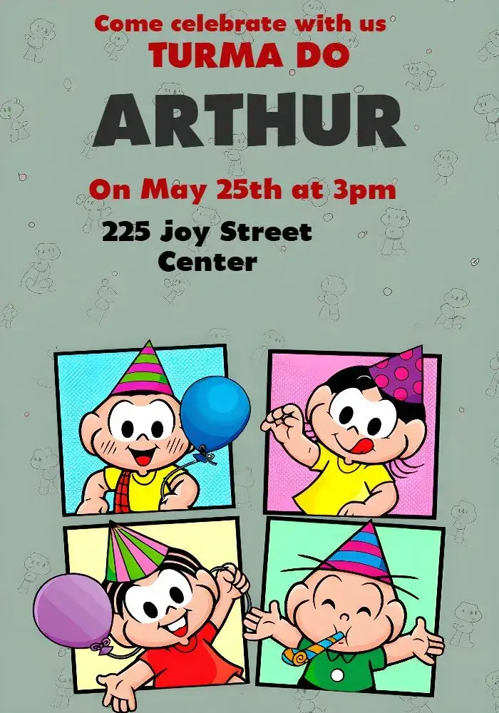 Invitation Turma Da Mônica – Kids' Birthday Party theme colorful, playful, fun, thematic, childish