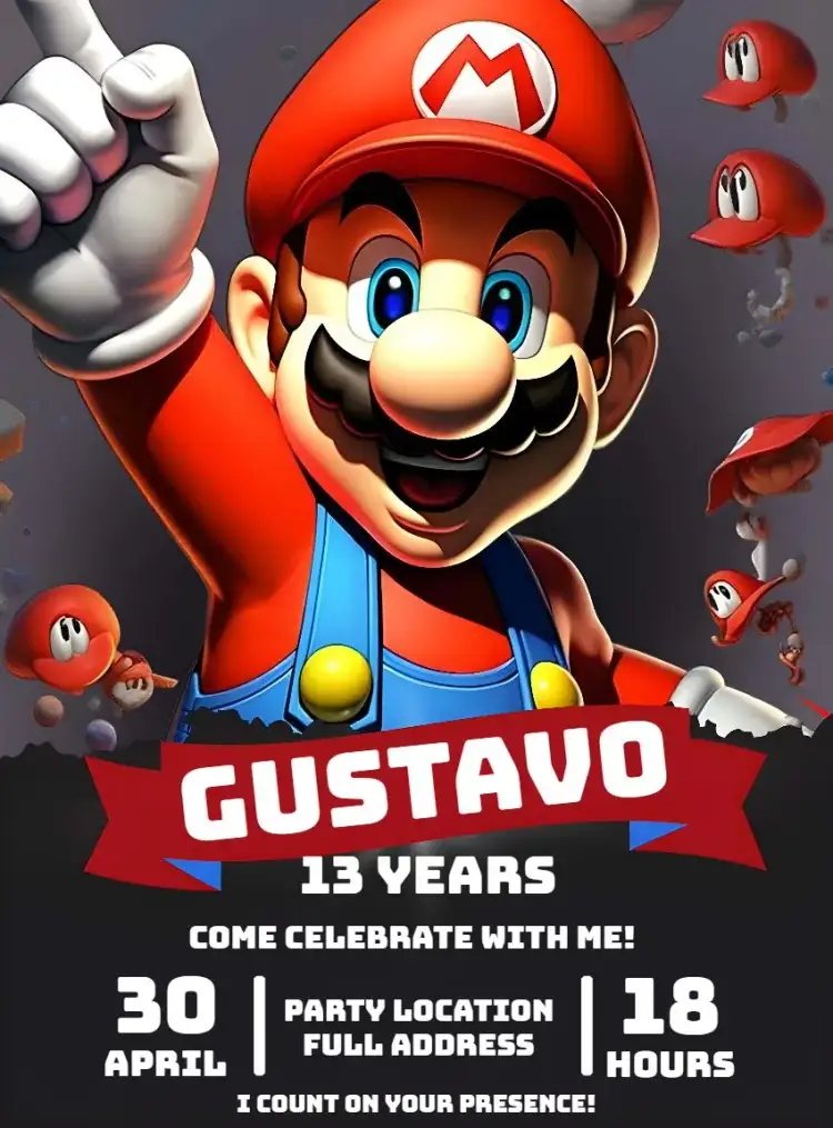 Invitation Super Red Mario – Most searched for theme vibrant colors, gamer style, game graphics elements, fun design, Mario illustrations