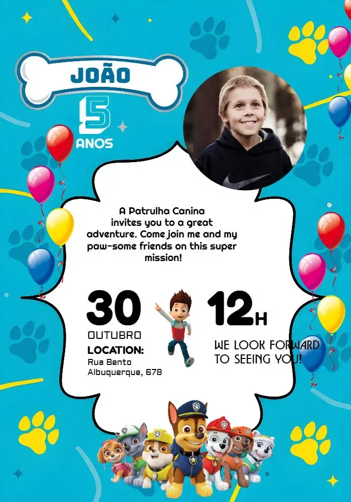 Invitation Patrol Pups With Photo Balloons – Kids' Birthday Party theme colorful, fun, childish, themed, festive