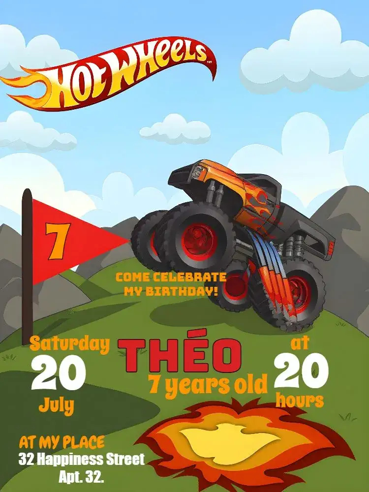 Invitation Monster Truck Hot Wheels Fire – Most searched for theme vibrant, cozy, adventure, race, childlike, dynamic
