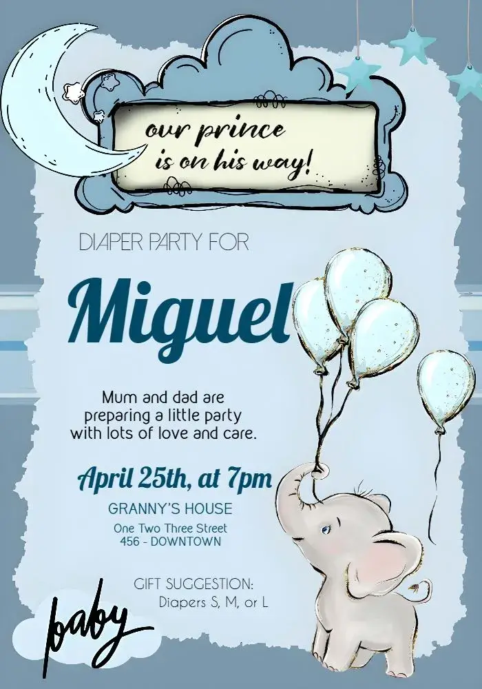 Baby Shower Blue Balloon Teddy Bear Diaper Boy invitation