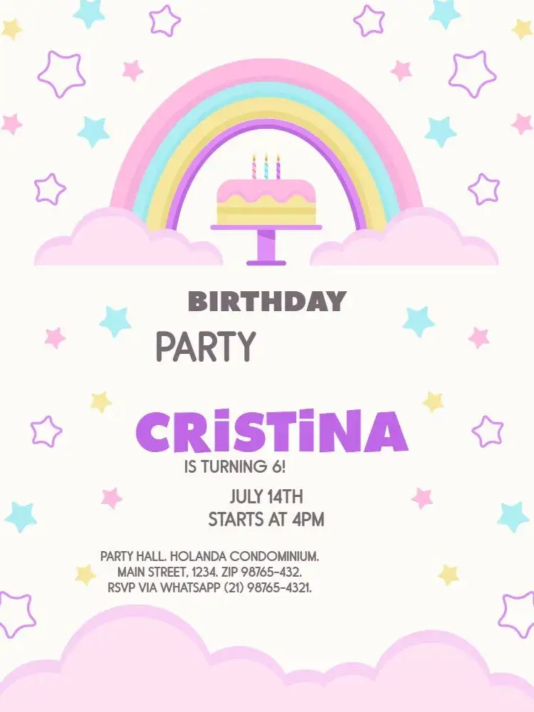 Invitation Rainbow And Stars Gathering – Kids' Birthday Party theme soft colors, playful, feminine, rainbow, stars, clouds