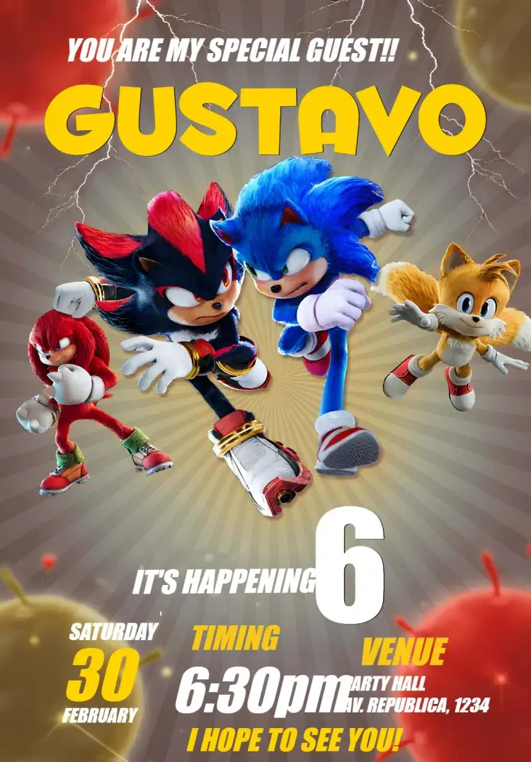 Invitation Sonic 3 Dark – Kids' Birthday Party theme modern style, dark colors, vibrant design, movie graphic elements, gamer aesthetic, adventure theme