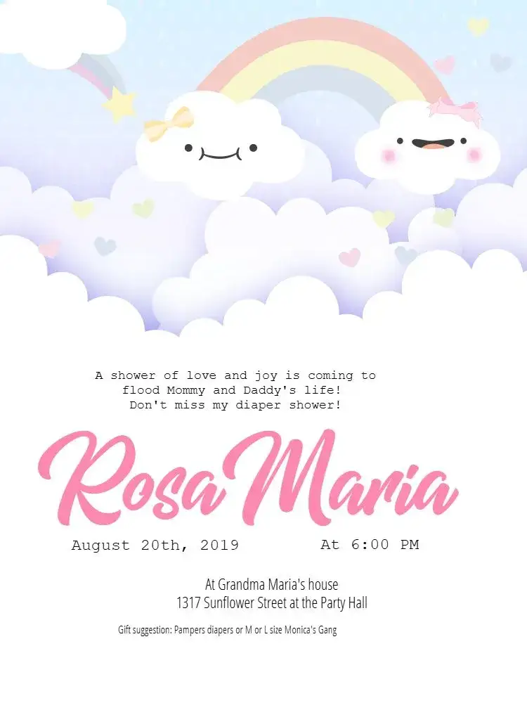 Invitation Rain of Love Whatsapp – Diaper Shower theme cute, colorful, childlike, clouds, hearts, rainbow