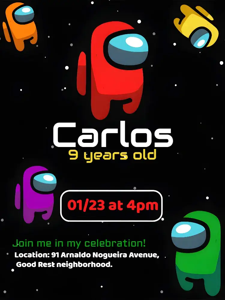Invitation Among Us Yellow – Most searched for theme space theme, vibrant colors, game characters, modern style, fun graphic elements