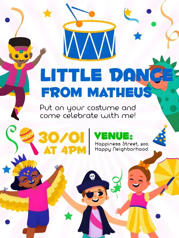 Invitation Carnival Block Party Samba – Commemorative Dates theme colorful, carnival-themed, samba, playful, fun-filled, child-friendly