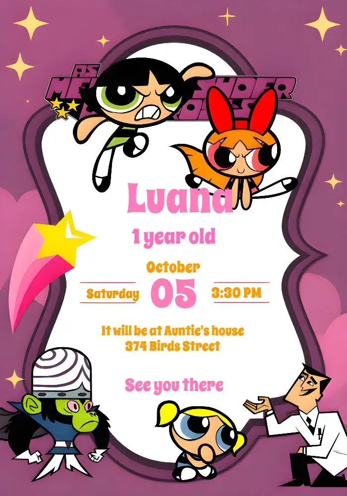 Invitation The Powerpuff Girls Kids – Kids' Birthday Party theme colorful, fun, childish, modern, playful