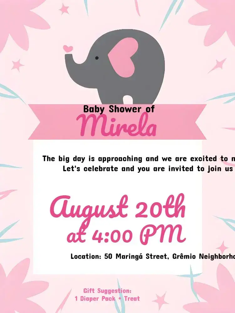 Invitation Elephant Baby Shower – Diaper Shower theme pink, gray, white, stripes, childish, modern