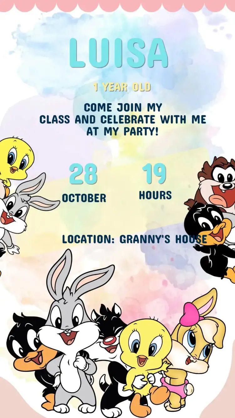 Invitation Baby Looney Tunes Birthday Invitation – Kids' Birthday Party theme colorful, fun, playful, lively, childlike