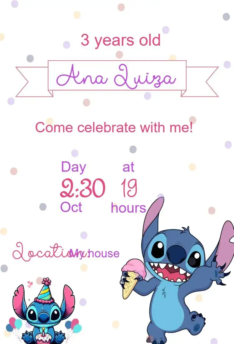Invitation Children's Birthday Invitation Stitch – Sweet 15 theme colorful, fun, themed, playful, lively