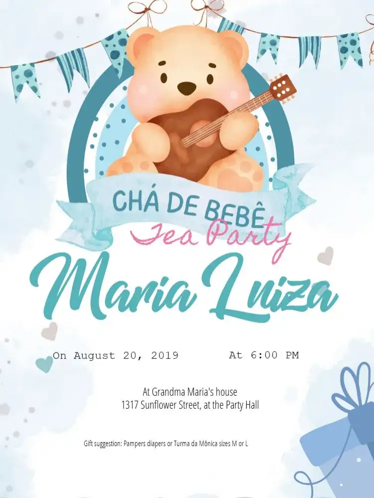 Invitation Baby Shower Teddy Bear and Digital Guitar – Diaper Shower theme colorful, childish, cute, fun, modern, illustrative