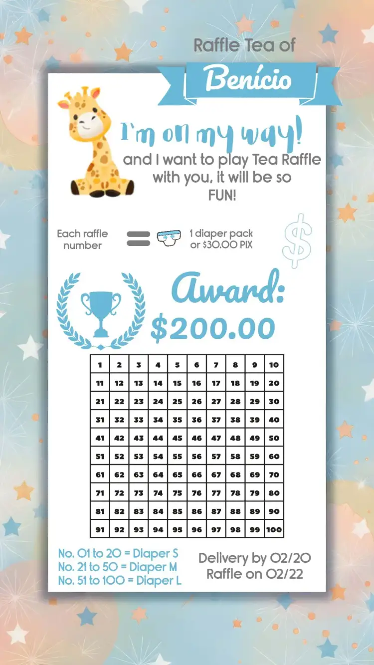 Invitation Giraffe Raffle Tea Party – Raffle Tea theme safari, blue and white, clouds, little stars, playful