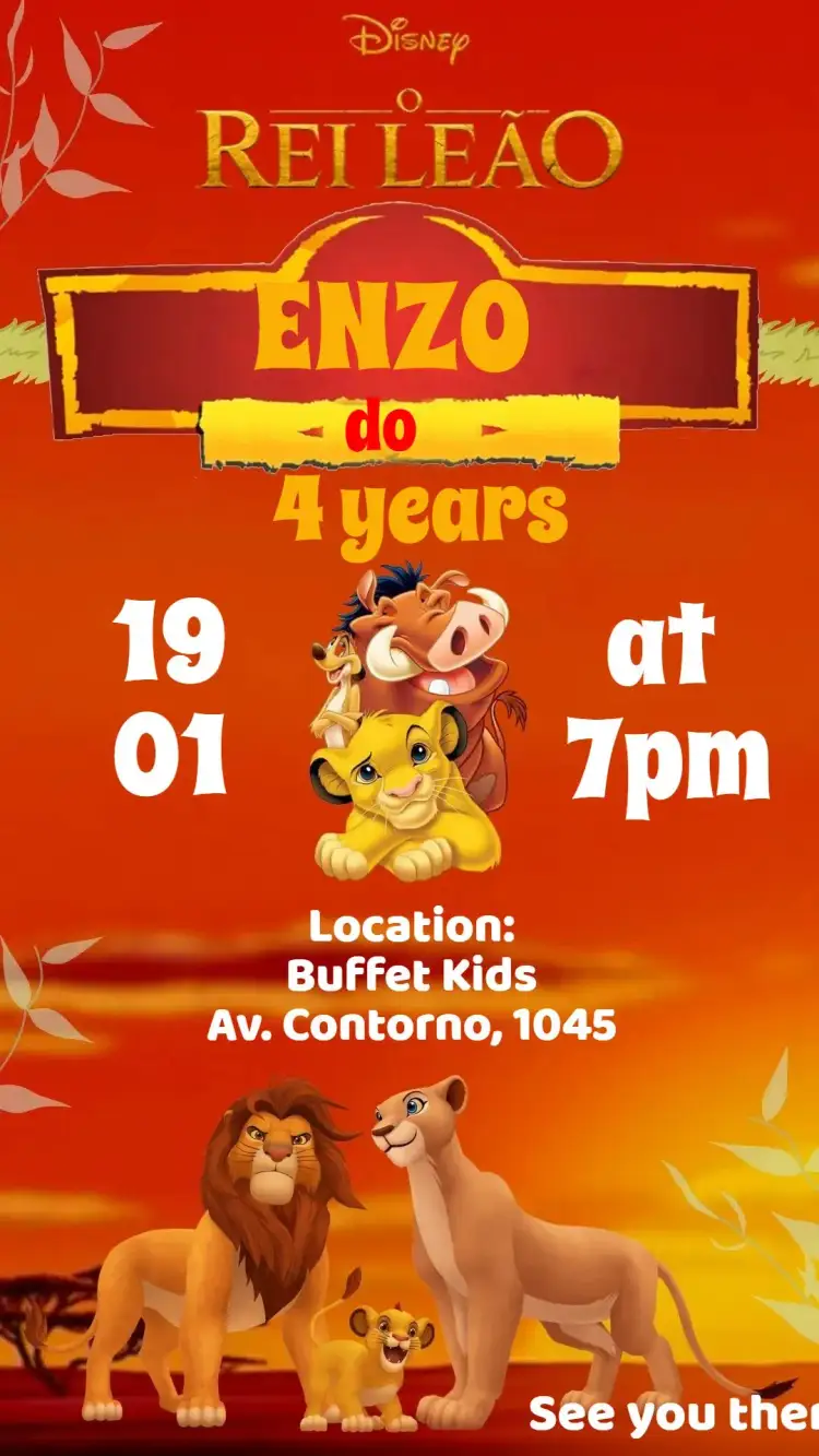 Invitation The Lion King – Kids' Birthday Party theme jungle, animals, vibrant, colorful, fun, Disney-themed