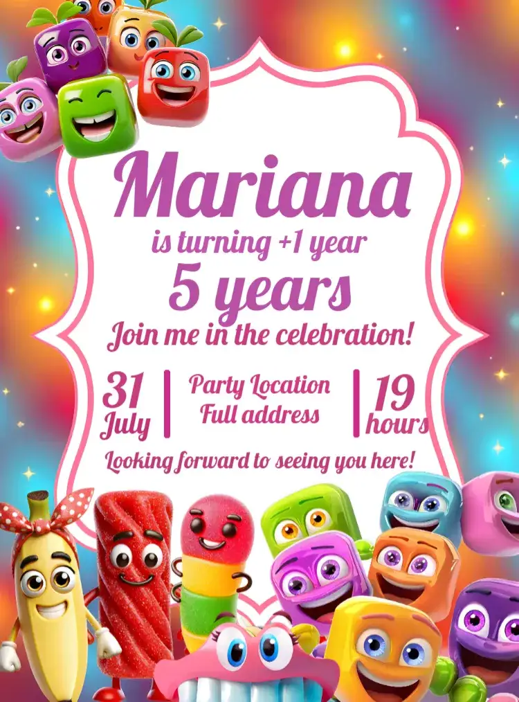 Invitation Fini Sweets Candy – Kids' Birthday Party theme colorful, fun, childish, sweets, modern