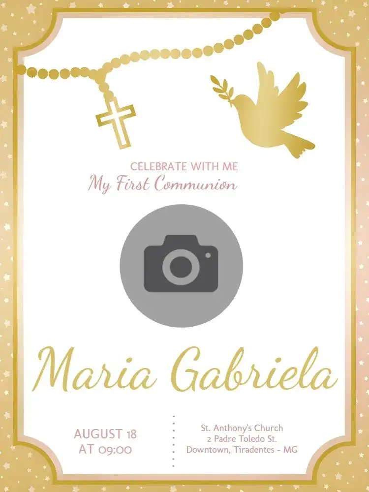 Invitation First Communion With Girl Photo – First Communion theme delicate pink, angels, childlike style, modern design, floral elements, religious touch