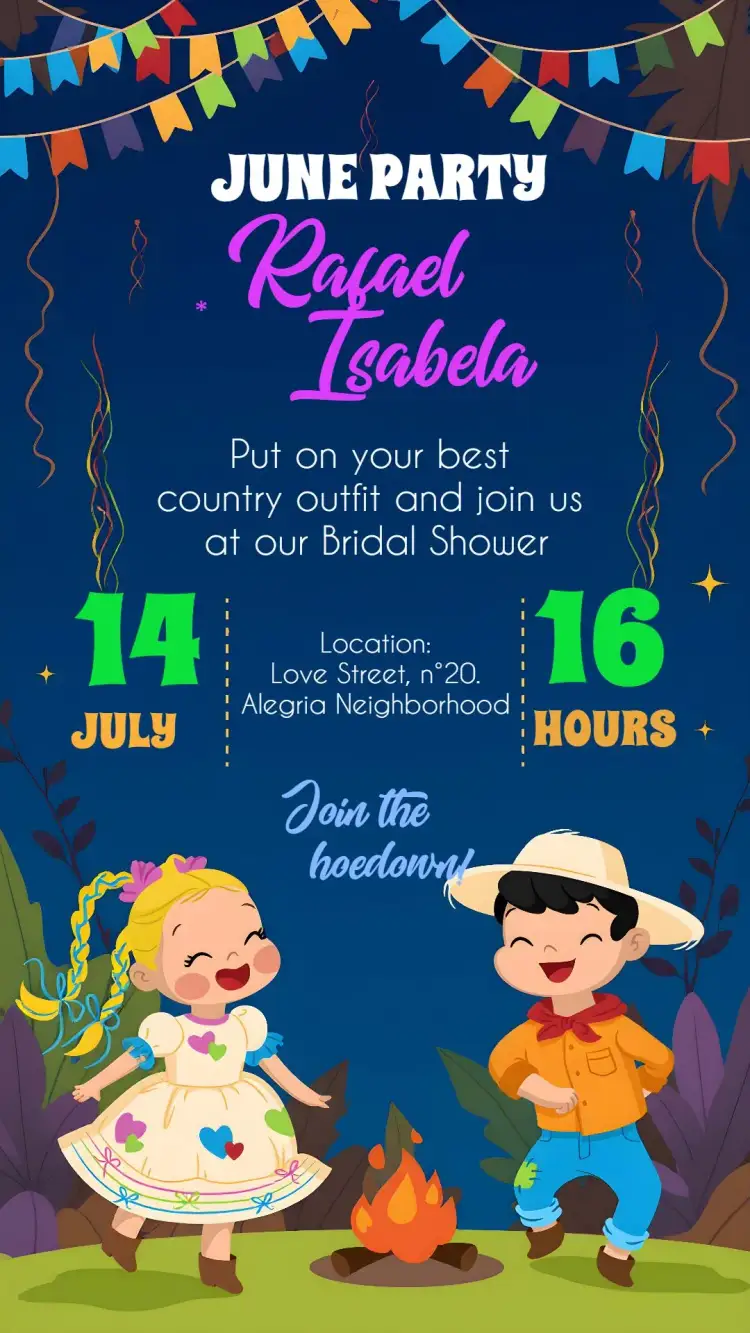 Invitation Junino Hoedown Charraiá – Bridal Shower theme junino, caipira, colorful, rustic, vintage, festive