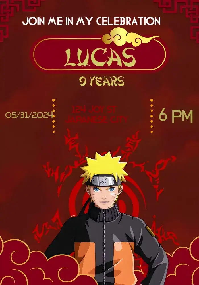 Invitation Black Naruto – Kids' Birthday Party theme black, red, anime, chibi, modern