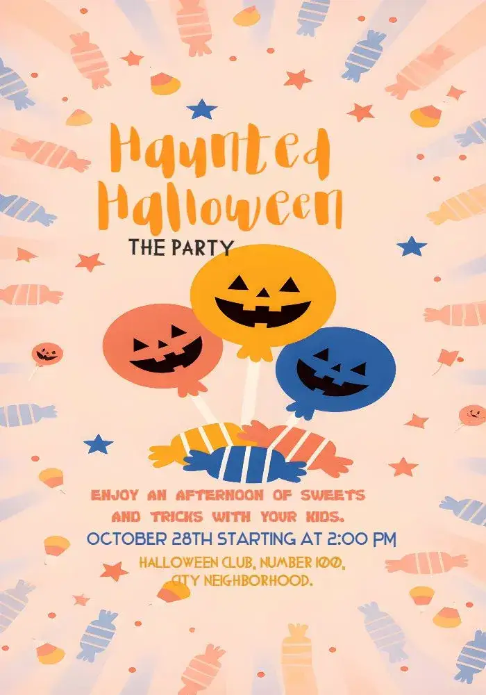 Invitation Halloween Trick – Commemorative Dates theme orange and black colors, fun style, Halloween graphic elements, modern design, spooky vintage, monster illustrations
